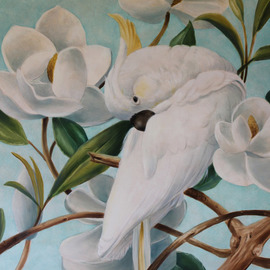 Marsha Bowers: 'parrot with magnolias', 2017 Oil Painting, Birds. Artist Description: Oil on canvas, Parrot withMagnolias...