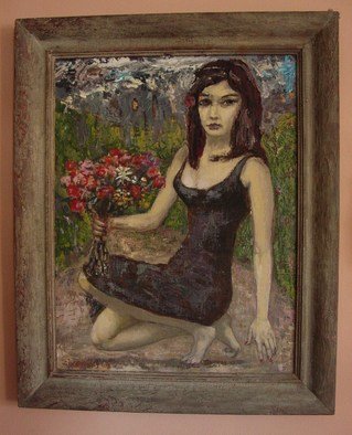 Dana Zivanovits: 'FLOWER GIRL', 2002 Oil Painting, Figurative.    This painting was done in oil on linen mounted to panel to support the heavy and richly painted surface. Painting is framed in an wood gesso antique frame. Painting itself measures 22 x 29 and with frame 29 x 35    ...