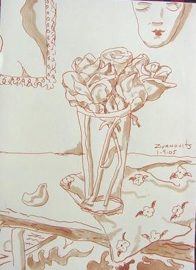 Dana Zivanovits: 'MASK STILL LIFE', 2005 Pen Drawing, Still Life.   Sepia ink, reed pen and wash on Fabriano, acid free watercolor paper- a signed and dated Zivanovits original...