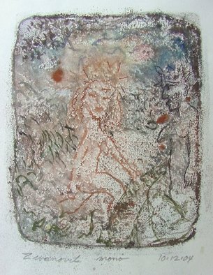 Dana Zivanovits: 'POMEGRANATE', 2006 Monoprint, Mythology.  This is a mono type pulled from a painted glass plate with watercolor additions on rives all rag acid free paper. 1/ 1 - a signed and dated Zivanovits original. Image size; 5