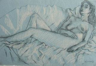 Dana Zivanovits: 'RECLINING', 2002 Charcoal Drawing, nudes.  This is a charcoal drawing with white chalk highlights on handmade laid paper from India. A signed Zivanovits original. ...