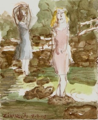 Dana Zivanovits: 'STREAM CROSSING', 2008 Watercolor, People.  This watercolor was painted from life at Glen Helen park which is part of Antioch University in Yellow Springs Ohio. Watercolor is on acid free all rag, American Masters paper. A signed and dated Zivanovits's original.  ...