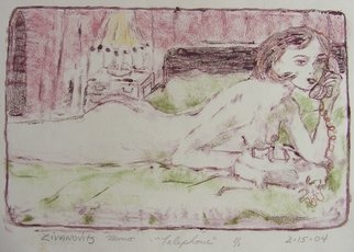Dana Zivanovits: 'TELEPHONE', 2004 Monoprint, nudes.  This is a mono type pulled from a painted glass plate with watercolor additions. Done on all cotton acid free Arche's paper- a signed and dated zivanovits original. Image 6
