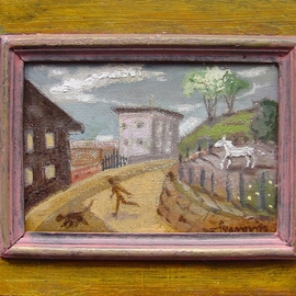 Dana Zivanovits: 'THE CHASE', 2006 Oil Painting, Surrealism. Artist Description:  Oil on linen framed in a painted wood frame and ready to hang. A signed Zivanovit' s original. Size of painting is 5 x 3 1/ 2 with frame 7 1/ 2x 6....