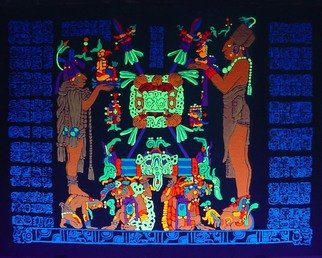 Sigmund Sieminski: 'Mayan panel Temple of the Sun Shield', 2011 Other Painting, Cosmic.     Reproduction of original Mayan sculptural Panel of the Temple of the Sun Shield in black light paint, on masonite.       ...